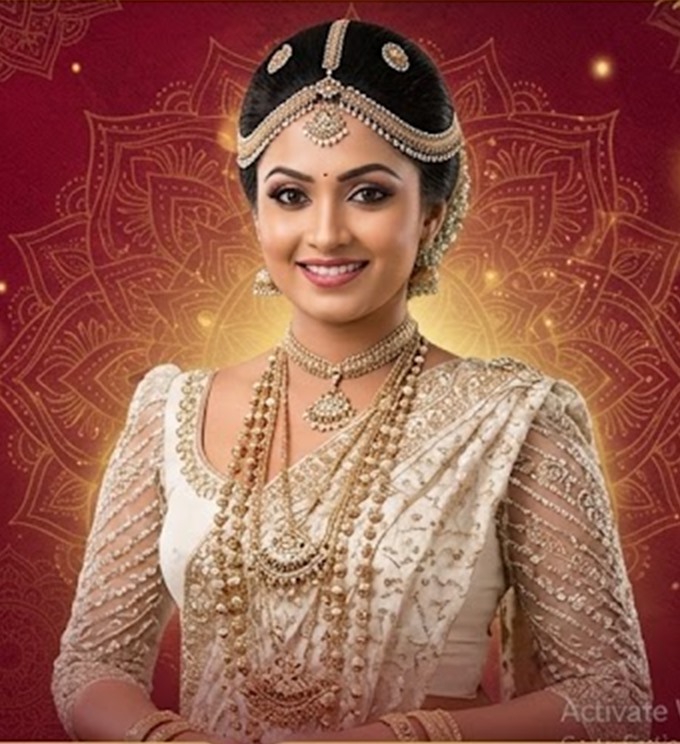 Sri Lankan bride in a traditional Kandyan saree and gold jewellery